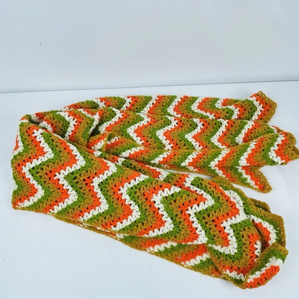 Handmade Throw Blanket Crocheted Granny Afghan Green Gold Orange White 80 x 48